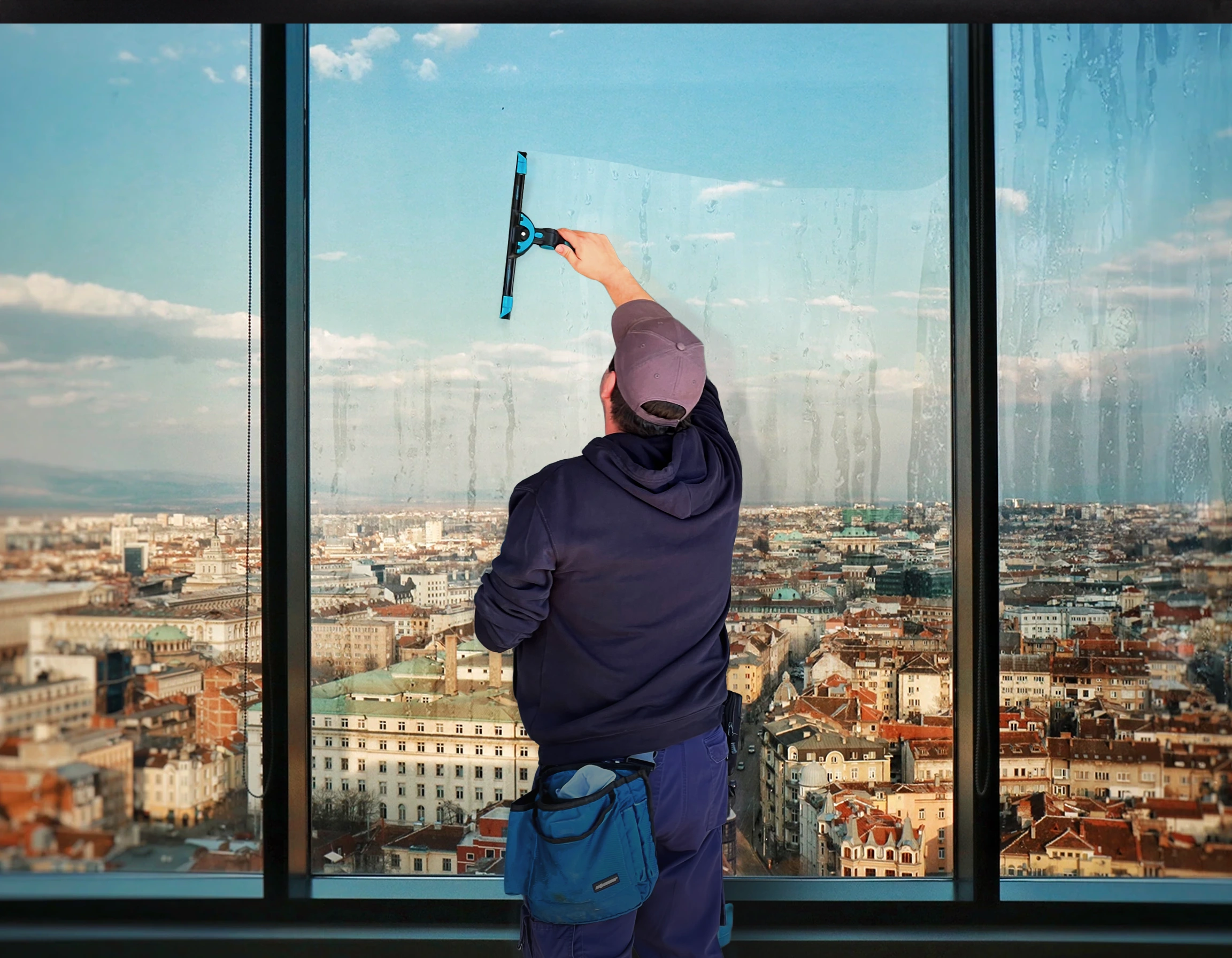 Mitarbeiter der Firma Zschunke reinigt mit professionellem Werkzeug eine große Fensterscheibe.