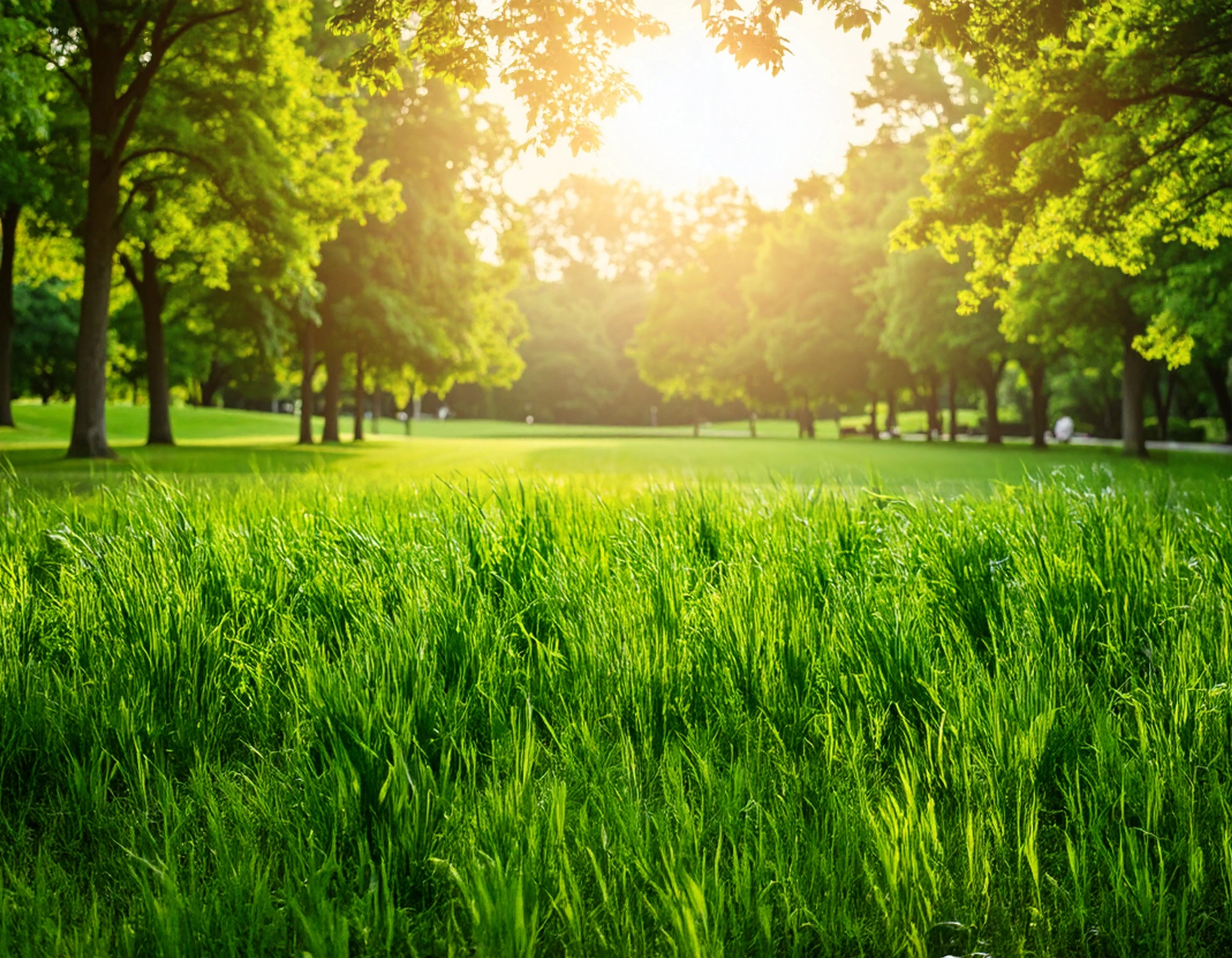 weitläufige, gepflegte Grünfläche im Park bei Sonnenuntergang.